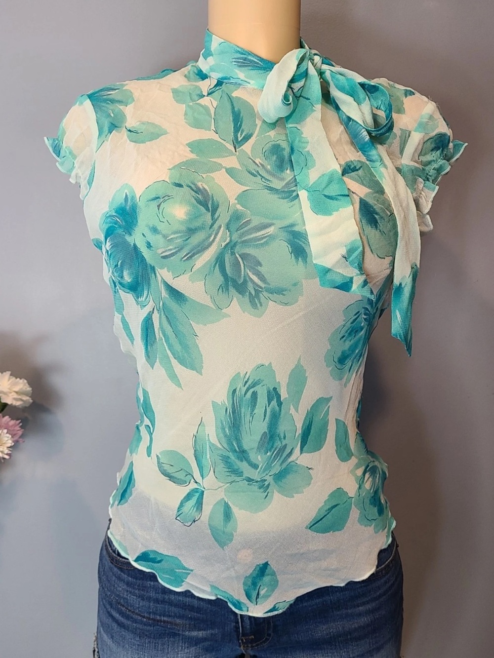 Vtg y2k silk blue floral top